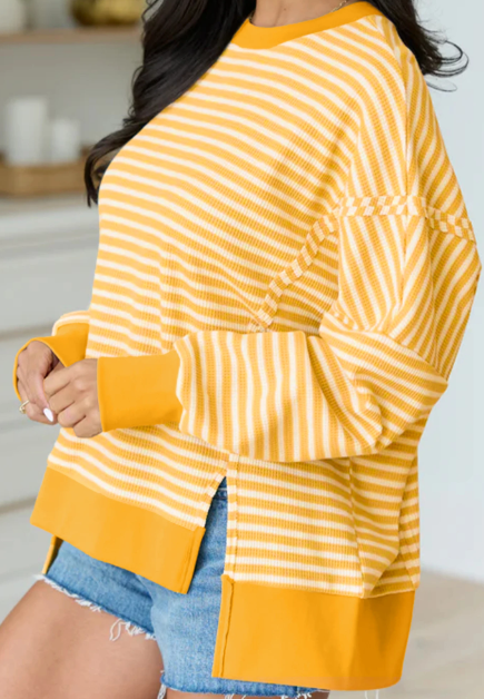 Jaiden Yellow Stripe Textured Knit Color Block Trim Split Hem Long Sleeve Top