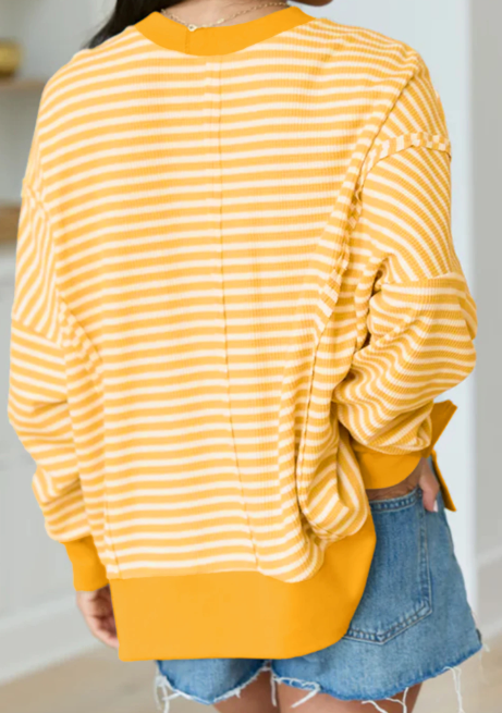 Jaiden Yellow Stripe Textured Knit Color Block Trim Split Hem Long Sleeve Top