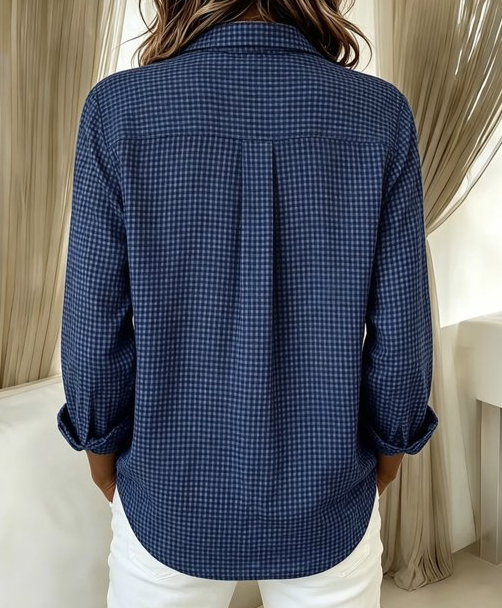 Gladis Navy Blue Micro‑Check Button‑Up Shirt