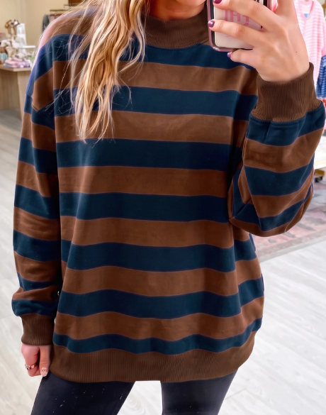Delcia Brown Stripe Colorblock Mock Neck Relaxed Sweatshirt