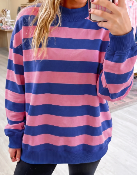 Delcia Blue/Pink Stripe Colorblock Mock Neck Relaxed Sweatshirt