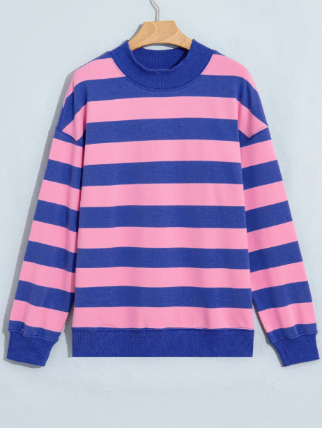 Delcia Blue/Pink Stripe Colorblock Mock Neck Relaxed Sweatshirt