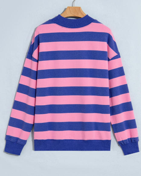 Delcia Blue/Pink Stripe Colorblock Mock Neck Relaxed Sweatshirt