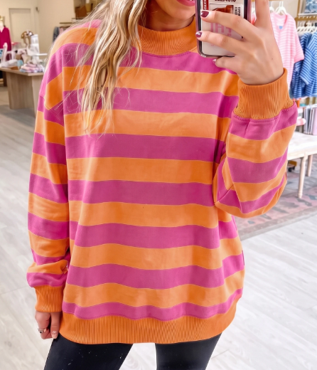 Delcia Orange Stripe Colorblock Mock Neck Relaxed Sweatshirt