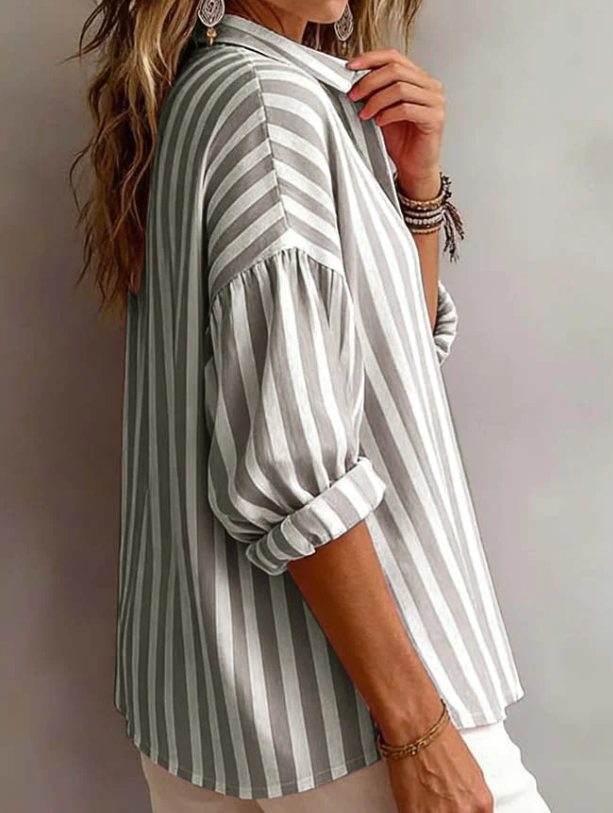 Danni Grey Striped Relaxed Fit Half Button Shirt