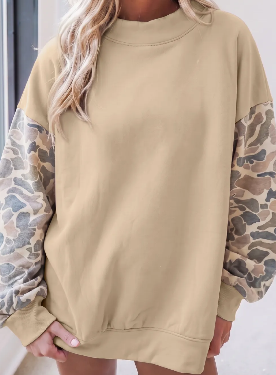 Angel Beige Camouflage Sleeve Crewneck Baggy Pullover Sweatshirt