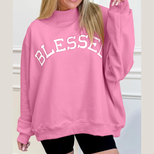 Hot Pink Oversized Blessed Embroidered Mock Neck Sweatshirt