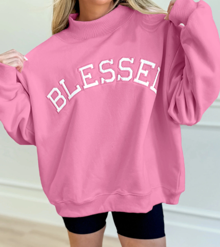 Hot Pink Oversized Blessed Embroidered Mock Neck Sweatshirt