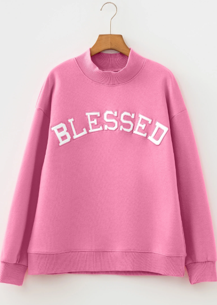 Hot Pink Oversized Blessed Embroidered Mock Neck Sweatshirt