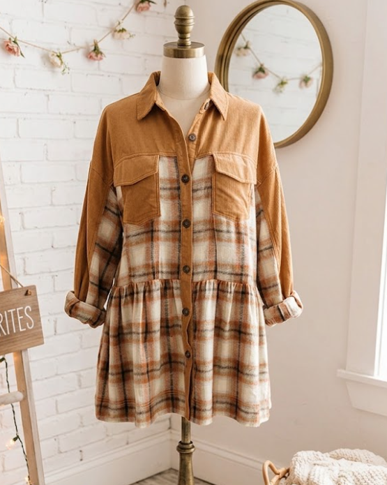 Griselda Khaki Plaid Color Block Patchwork Ruffle Hem Tunic Shirt Dress