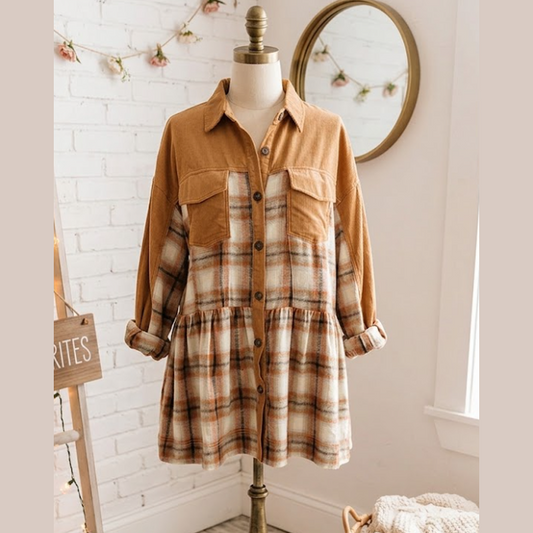 Griselda Khaki Plaid Color Block Patchwork Ruffle Hem Tunic Shirt Dress