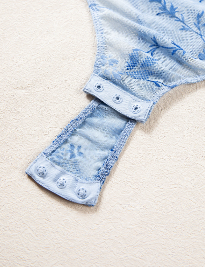Alessandra Sky Blue Sheer Mesh Floral Printed Mock Neck Long Sleeve Bodysuit