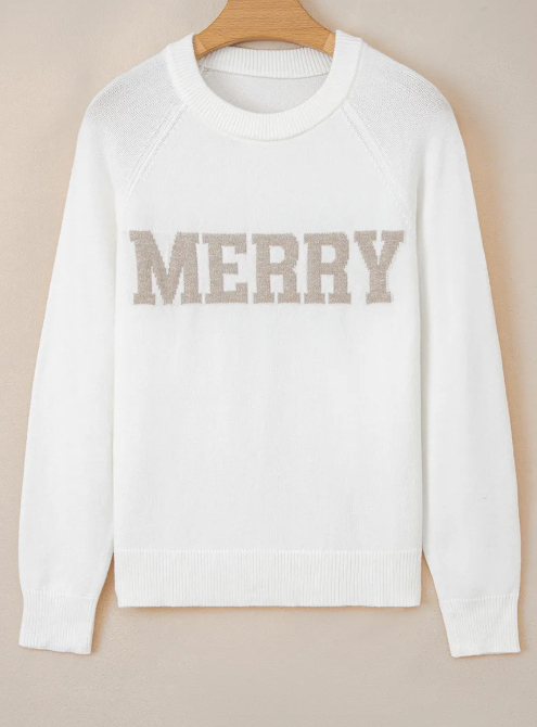 White MERRY Letter Pattern Christmas Raglan Sleeve Sweater