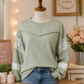 Nerissa Laurel Green Floral Plaid Mixed Sleeve Raw Edge Relaxed French Terry Top