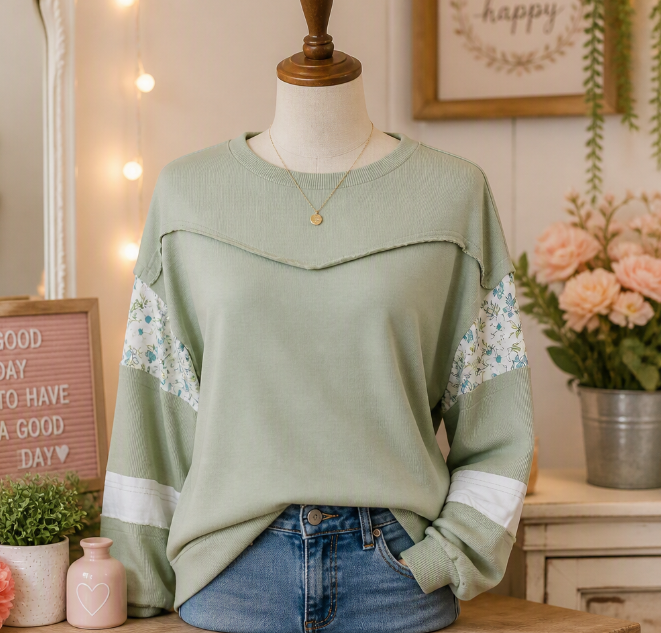 Nerissa Laurel Green Floral Plaid Mixed Sleeve Raw Edge Relaxed French Terry Top