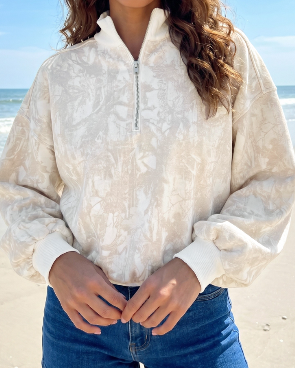 JoBeth Khaki Camouflage Print Quarter-Zip Drop Shoulder Long Sleeve Sweatshirt