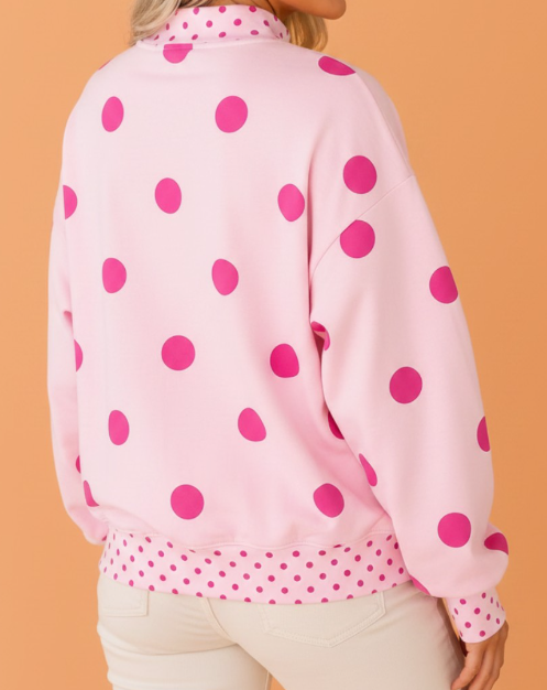 Margaret Pink Polka Dot Print Contrast Detail Oversized Tunic Sweatshirt