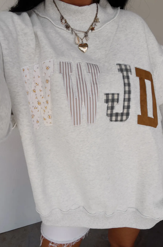 Grey WWJD Mixed Pattern Embroidered Patch Graphic Mock Neck Sweatshirt
