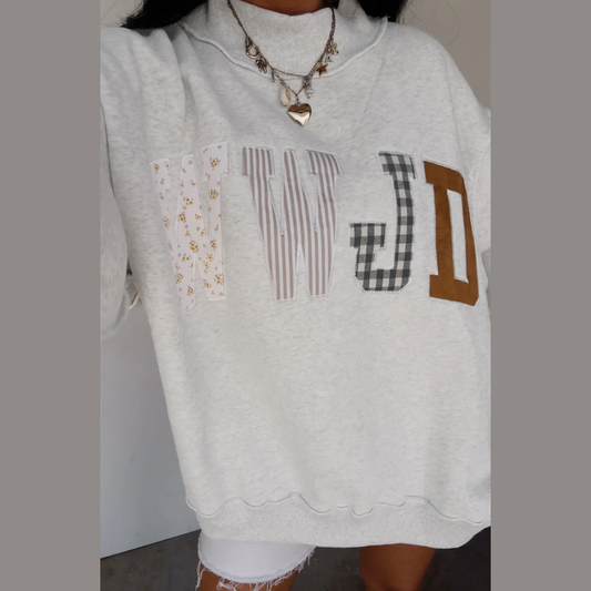 Grey WWJD Mixed Pattern Embroidered Patch Graphic Mock Neck Sweatshirt