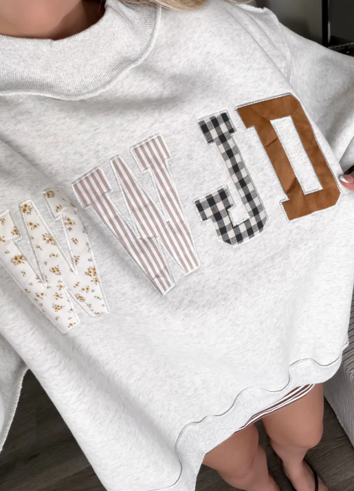 Grey WWJD Mixed Pattern Embroidered Patch Graphic Mock Neck Sweatshirt