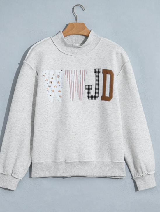Grey WWJD Mixed Pattern Embroidered Patch Graphic Mock Neck Sweatshirt