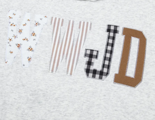 Grey WWJD Mixed Pattern Embroidered Patch Graphic Mock Neck Sweatshirt