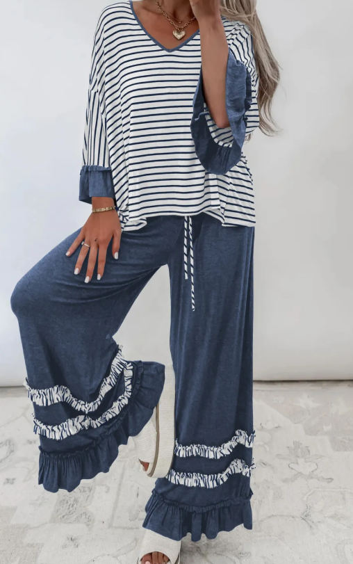 Tania Blue Stripe V Neck Ruffle Contrast Sleeve Top Drawstring Pants 2pcs Set