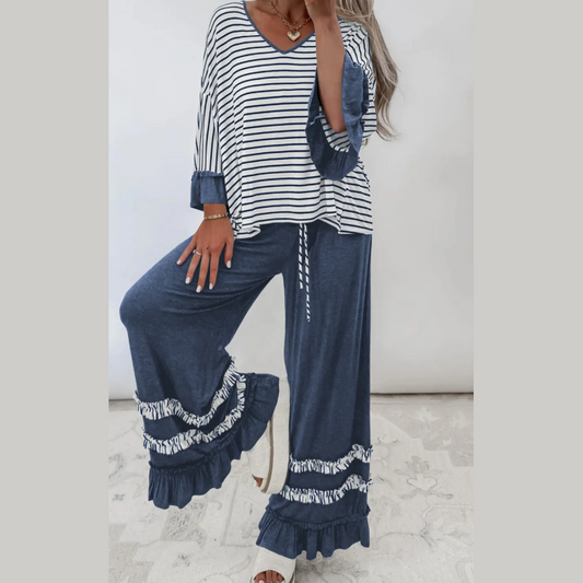 Tania Blue Stripe V Neck Ruffle Contrast Sleeve Top Drawstring Pants 2pcs Set