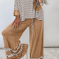 Tania Khaki Stripe V Neck Ruffle Contrast Sleeve Top Drawstring Pants 2pcs Set