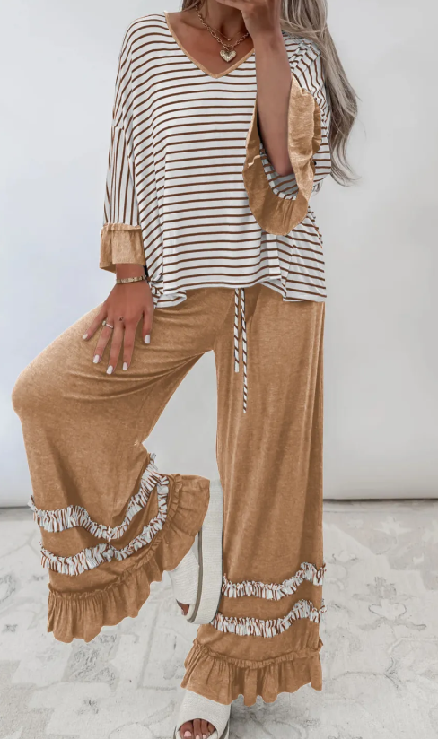 Tania Khaki Stripe V Neck Ruffle Contrast Sleeve Top Drawstring Pants 2pcs Set