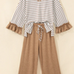Tania Khaki Stripe V Neck Ruffle Contrast Sleeve Top Drawstring Pants 2pcs Set