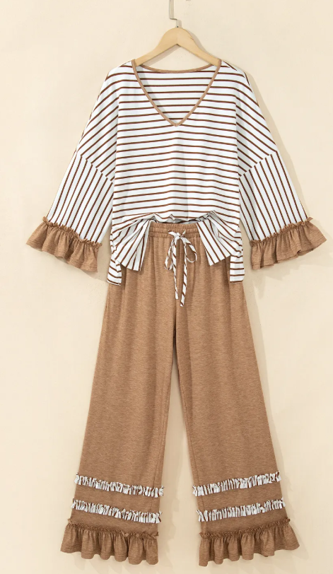 Tania Khaki Stripe V Neck Ruffle Contrast Sleeve Top Drawstring Pants 2pcs Set
