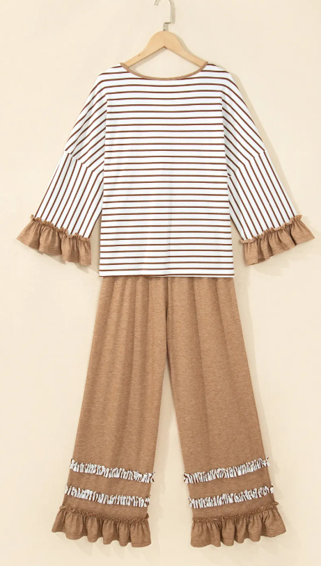 Tania Khaki Stripe V Neck Ruffle Contrast Sleeve Top Drawstring Pants 2pcs Set