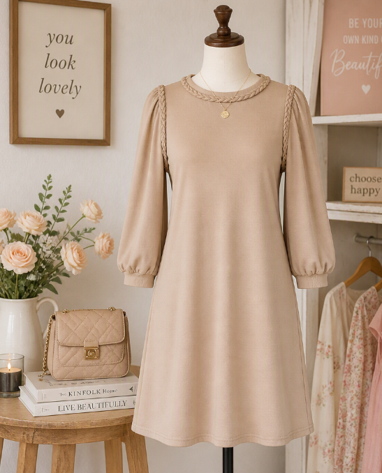 SALE!!!  Jaquelle Light French Beige Braided Trim Puff Sleeve Dress
