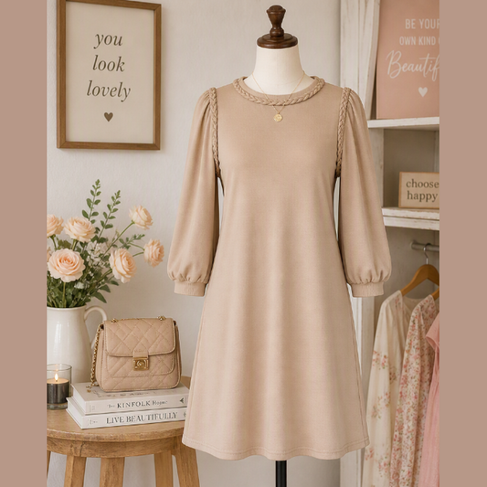 SALE!!!  Jaquelle Light French Beige Braided Trim Puff Sleeve Dress