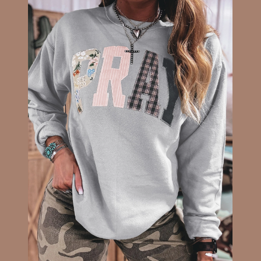 Grey Floral Buffalo Plaid Striped Embroidered Patch Western Pullover Sweatshirt