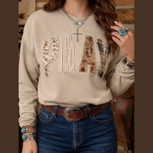 Parchment Floral Buffalo Plaid Striped Embroidered Patch Western Pullover Sweatshirt