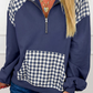Kallie Blue Patchwork Plaid Pocket Quarter Zip Sweatshirt