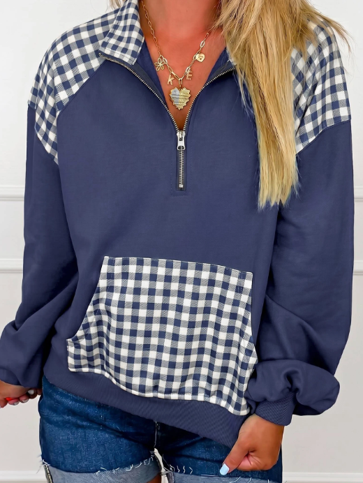 Kallie Blue Patchwork Plaid Pocket Quarter Zip Sweatshirt
