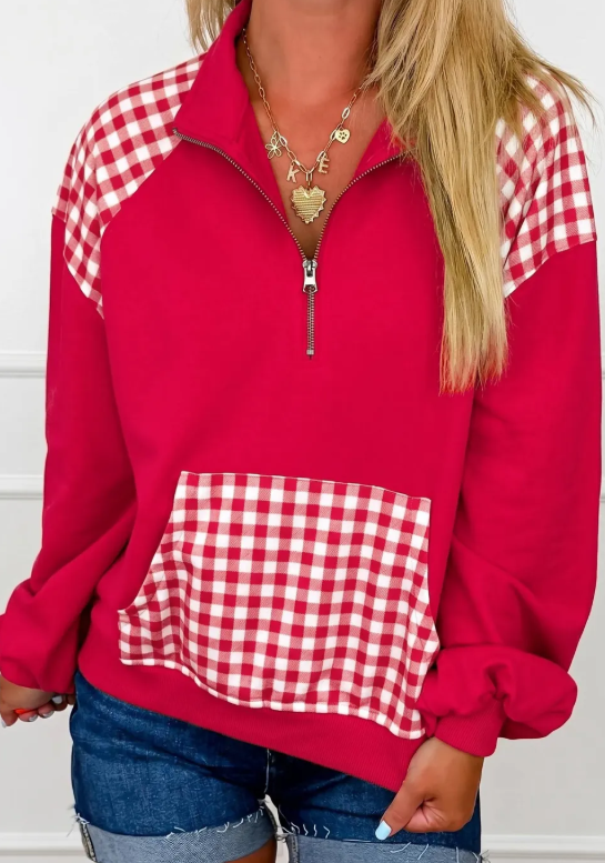 Kallie Red Patchwork Plaid Pocket Quarter Zip Sweatshirt