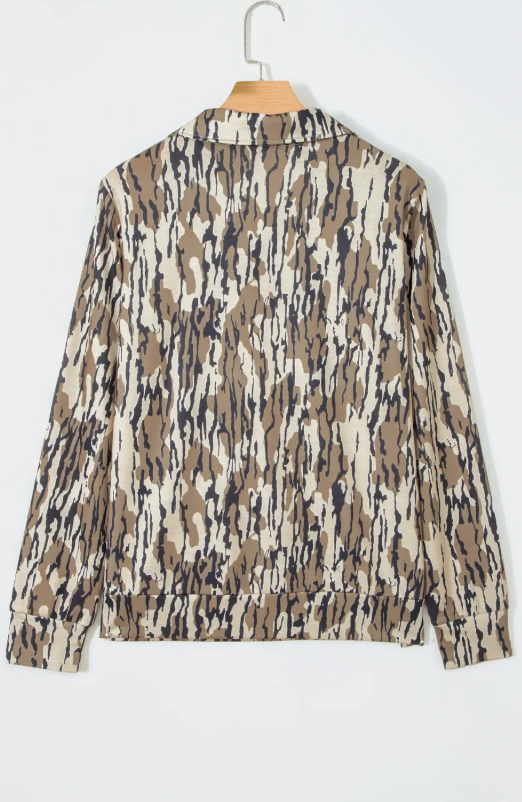 Tawni Brown Camouflage Zipper Collar Front Pocket Pullover Sweatshirt