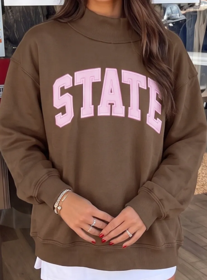 Brown Exposed Seam Mock Neck STATE Letter Graphic Loose Sweatshirt