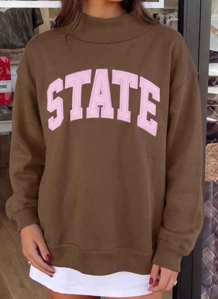 Brown Exposed Seam Mock Neck STATE Letter Graphic Loose Sweatshirt