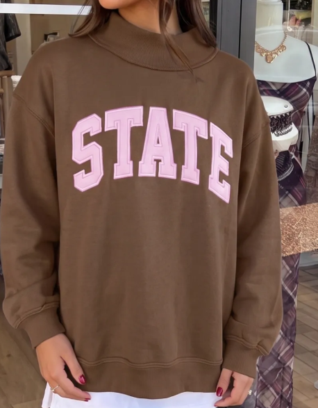 Brown Exposed Seam Mock Neck STATE Letter Graphic Loose Sweatshirt