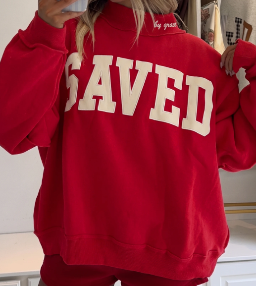 Red Saved By Grace Embroidered Detail Letter Graphic High Neck Sweatshirt