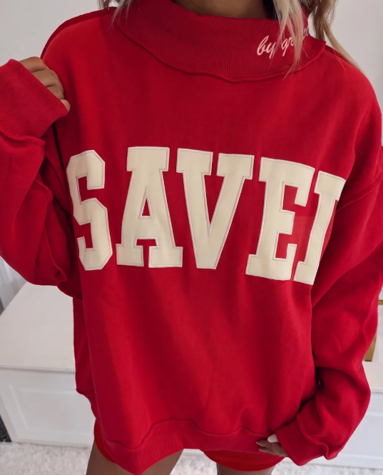 Red Saved By Grace Embroidered Detail Letter Graphic High Neck Sweatshirt