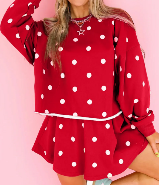 Aggy Red Polka Dot Raw Hem Relaxed Pullover Loose Skort Two Piece Set