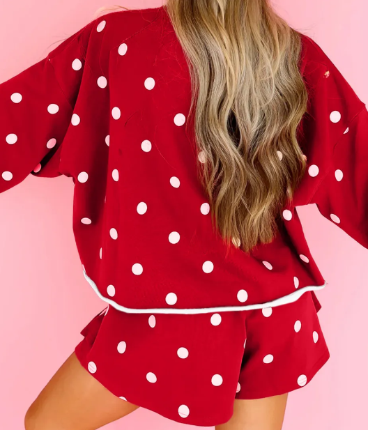 Aggy Red Polka Dot Raw Hem Relaxed Pullover Loose Skort Two Piece Set