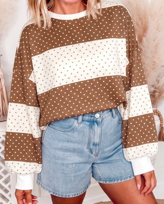 Lesley Brown Polka Dot Patchwork Colorblock Long Sleeve Top