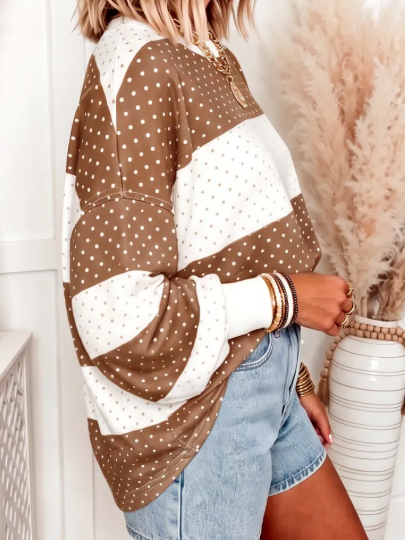 Lesley Brown Polka Dot Patchwork Colorblock Long Sleeve Top